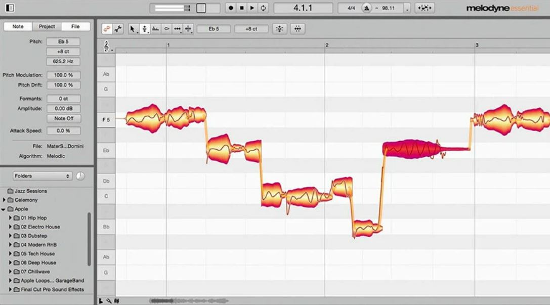 An interface of Celemony Melodyne 5 essential